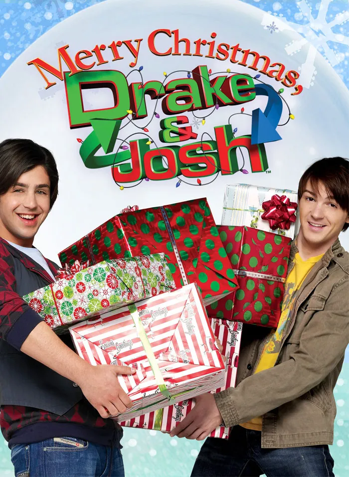 Two people holding Christmas gifts with festive wrapping, promoting a holiday movie.