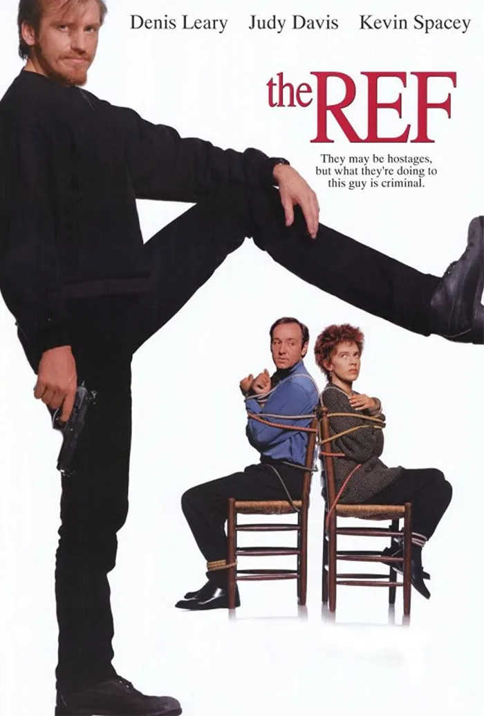 "The Ref movie poster with actors tied up, featuring Denis Leary, a best Christmas movie for holiday season."