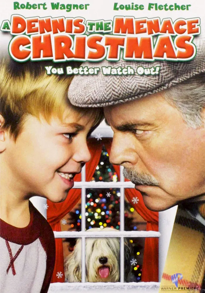 Cover of "A Dennis the Menace Christmas" movie, featuring a boy and an older man facing each other.