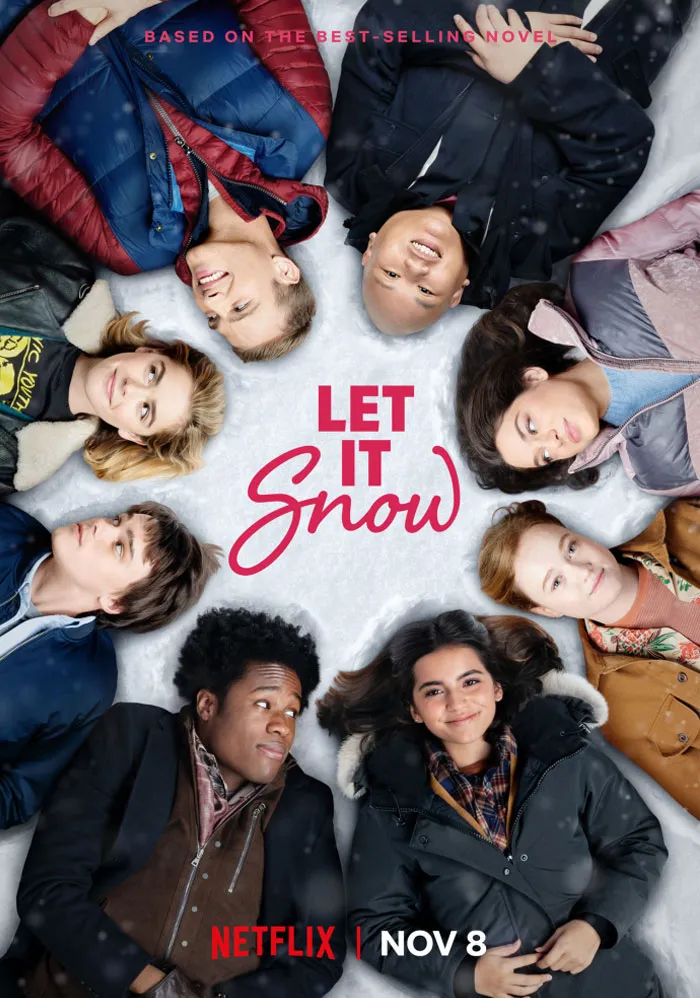 Youths lying in snow forming a circle, promoting a holiday-themed movie, "Let It Snow."