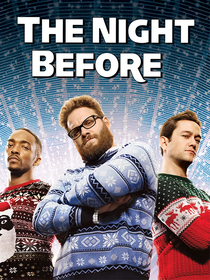Cover of "The Night Before" featuring three men in Christmas sweaters, a top pick for holiday movie lists.