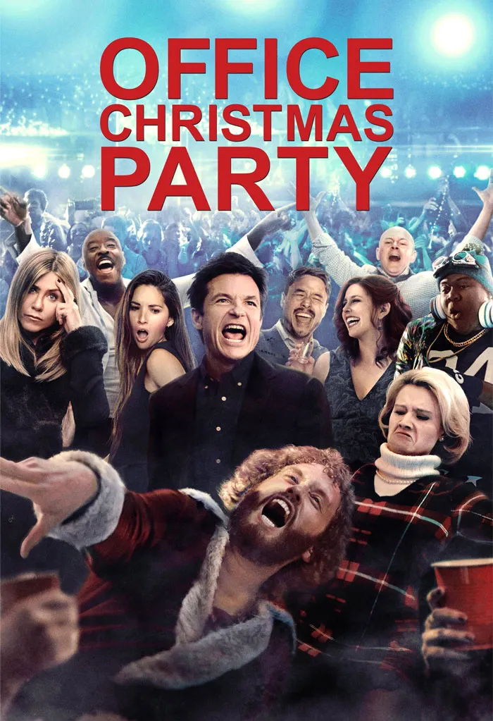 Festive office celebration scene from a Christmas movie, with people dancing and cheering amidst holiday lights.