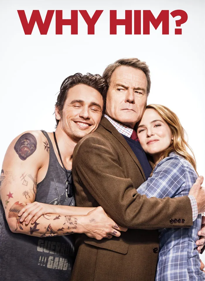 Two people hug a man in a suit, promoting a Christmas movie to watch during the holidays.