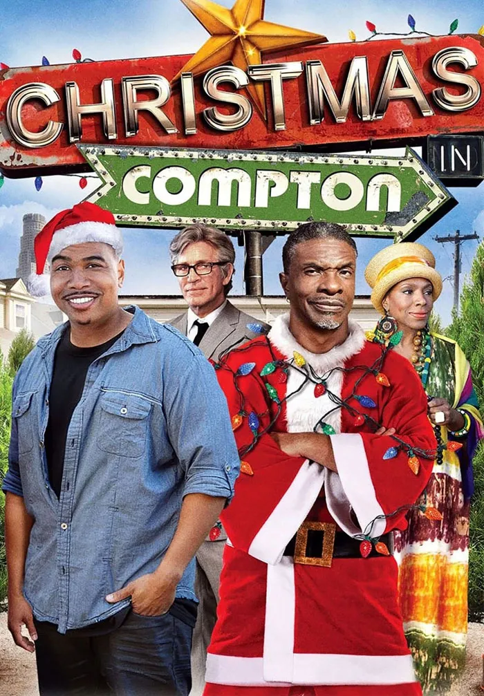 Poster of a Christmas movie featuring diverse cast in festive outfits, highlighting a holiday theme.