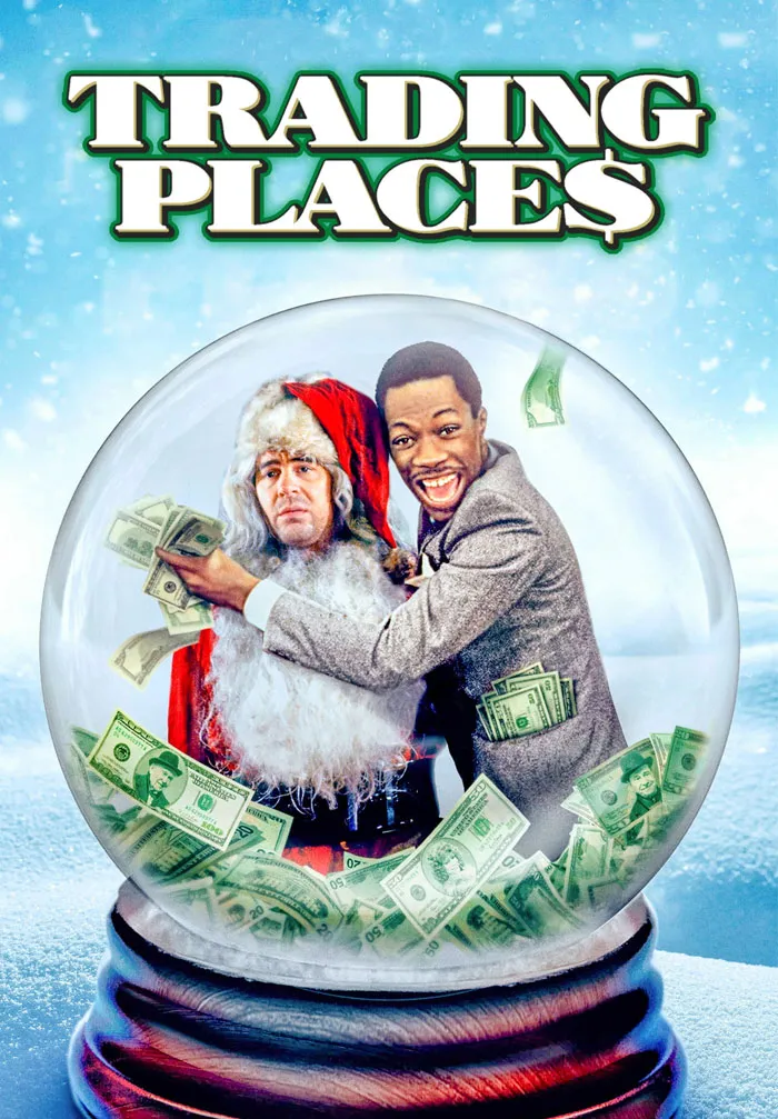 "Trading Places movie poster with Santa and money, related to best Christmas movies."