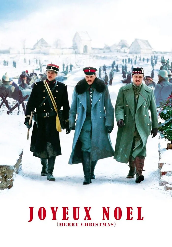 "Scene from Joyeux Noel, soldiers walking in snow, a top Christmas movie."