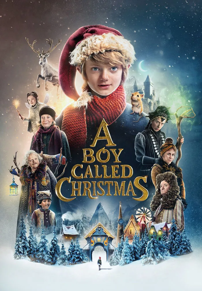 "A Boy Called Christmas movie poster featuring a young boy in a red hat, with a magical winter scene."