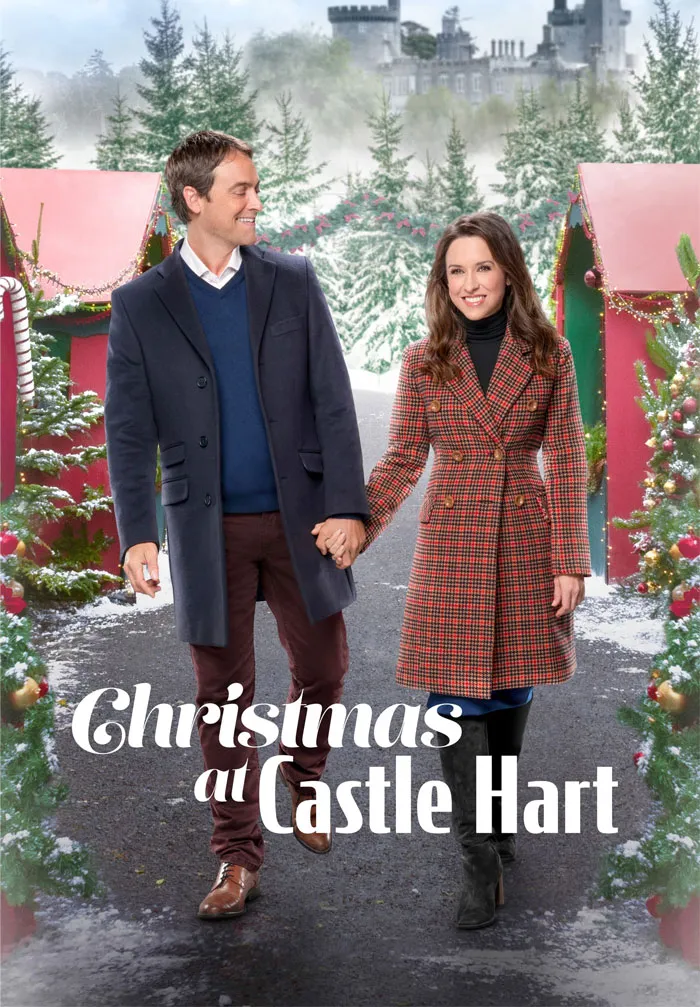A cozy couple walking hand in hand in a festive winter scene, promoting a Christmas movie.