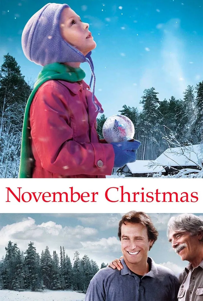 "Poster for November Christmas, a holiday movie featuring a snowy landscape and a child holding an ornament."