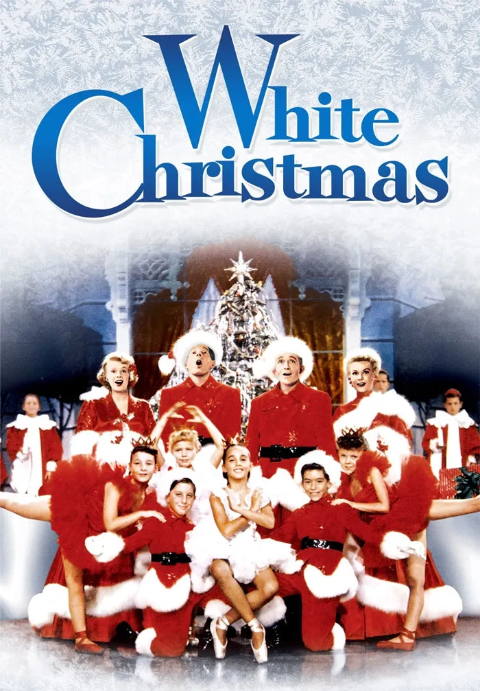 Festive scene from "White Christmas" movie with performers in red and white costumes, perfect for holiday viewing.