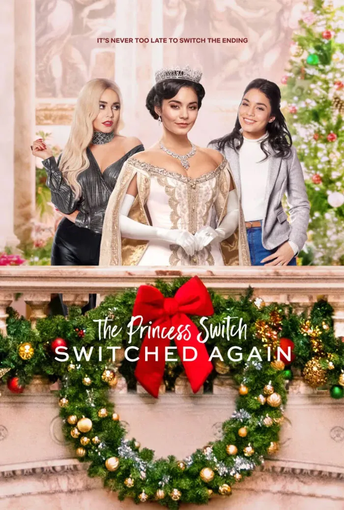 Holiday-themed movie poster featuring three women in festive attire, promoting "The Princess Switch: Switched Again."