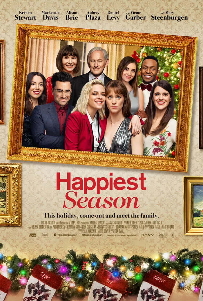 Poster for "Happiest Season," a festive film featuring a group of people in a family setting, ideal for Christmas movie lovers.