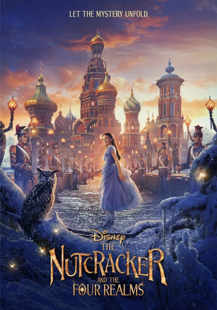 Colorful poster of Disney's The Nutcracker with a fantasy castle backdrop, perfect for Christmas movie enthusiasts.