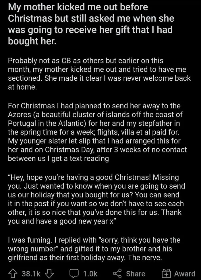 My Mother Kicked Me Out Before Christmas But Still Asked Me When She Was Going To Receive Her Gift That I Had Bought Her