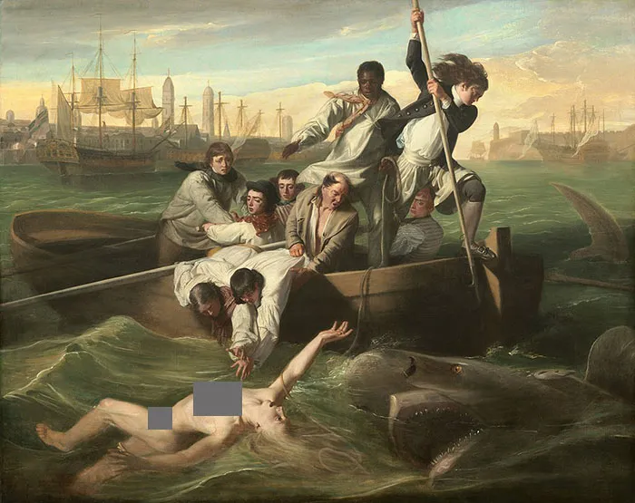 Famous painting depicting sailors in a boat trying to rescue a figure from a shark attack in a historical setting.