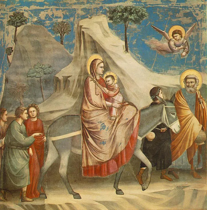 A famous painting depicting figures in a historical religious scene with a woman and child on a donkey, surrounded by others.