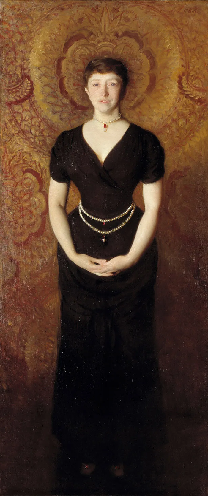 Portrait of a woman in a black dress, showcasing one of the most famous paintings in art history.