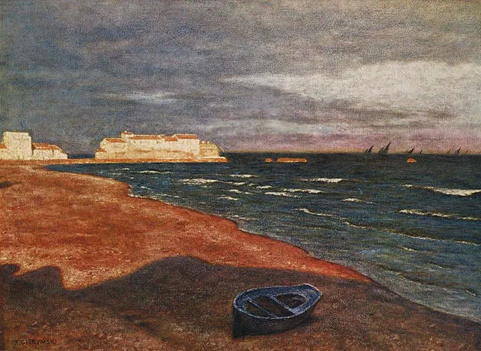 Painting of a coastal landscape with a boat on the shore and a cloudy sky, exemplifying famous paintings in art history.