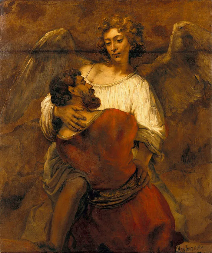 An angel embracing a man in one of the most famous paintings in art history, featuring rich earth tones and dramatic lighting.