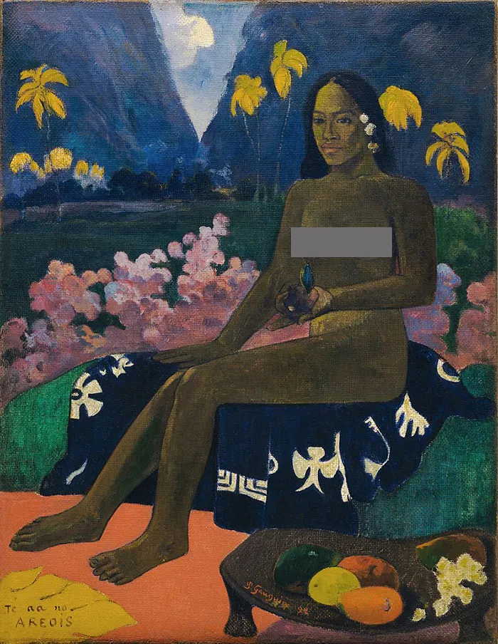 A famous painting depicting a seated woman with tropical background and vibrant colors.