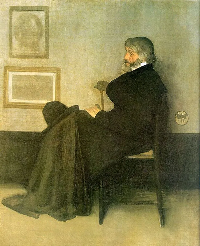 Portrait of an elderly man in black attire seated against a muted background, capturing classic art history essence.
