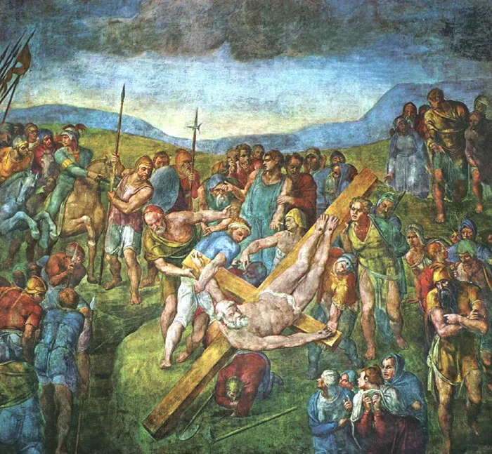 Famous painting depicting the crucifixion scene with a crowd in vivid colors and dramatic expressions.