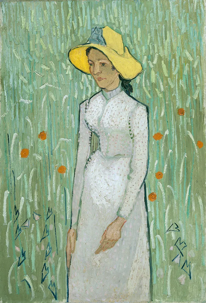 Woman in a field, wearing a yellow hat, depicted in a famous painting with a green floral background.