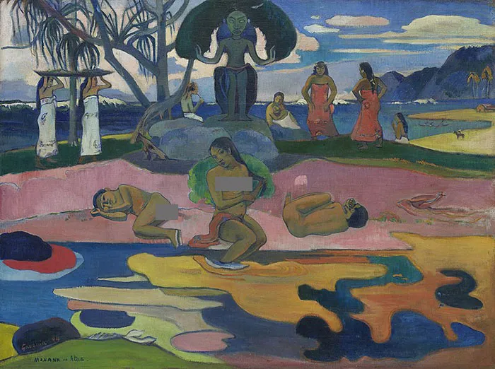 A colorful scene depicting people and a statue in a famous painting, with vibrant clothing and lush landscapes in the background.