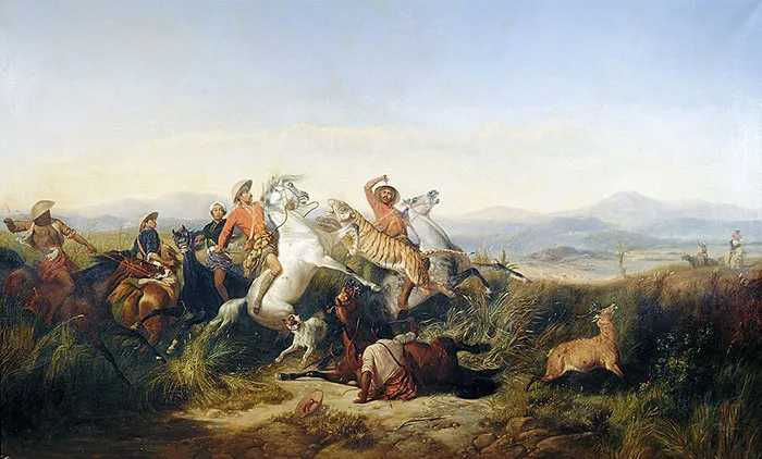 Historic painting depicting a dramatic tiger hunt with hunters on horseback.