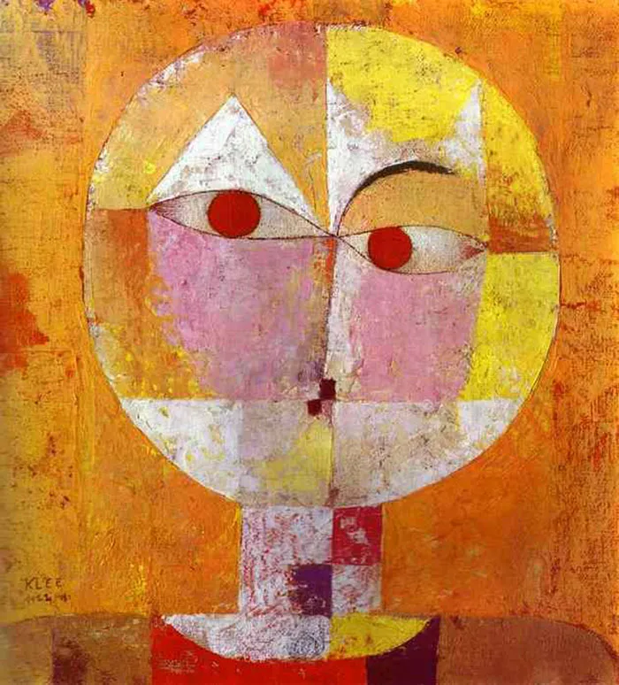 Abstract painting by Paul Klee featuring a colorful geometric face on an orange background.