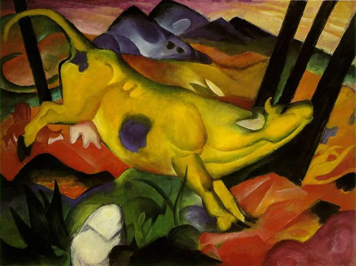Colorful abstract painting of a yellow cow, showcasing famous art history styles.