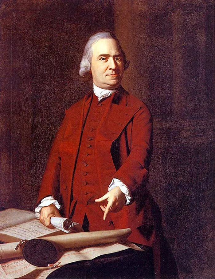 Portrait of a man in an 18th-century red suit, a famous painting in art history, with documents on a table.