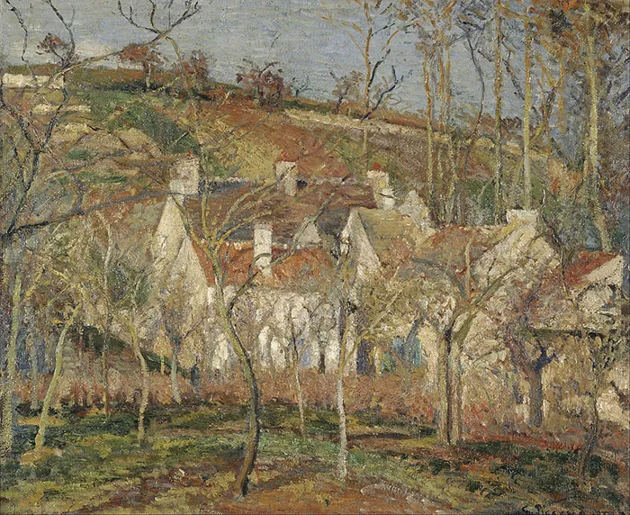 Impressionist landscape painting depicting cottages surrounded by trees and a hillside, showcasing famous artwork.