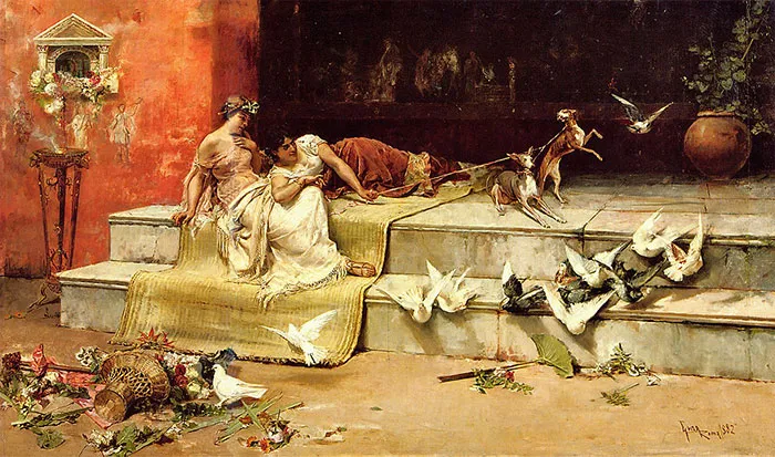 Two people relaxing with doves and flowers in a famous painting from art history.
