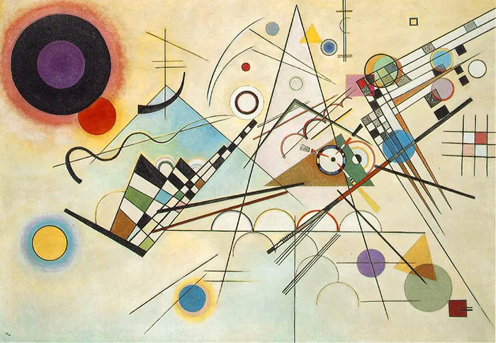 Abstract geometric painting with circles and lines, representing one of the famous paintings in art history.