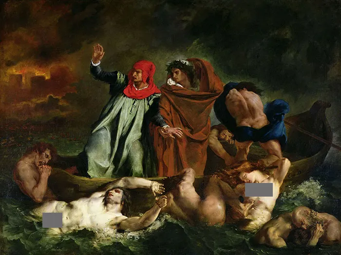 Famous painting depicting a dramatic scene with two figures in a boat and others struggling in water.