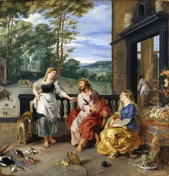 Three figures in a famous painting, set on a terrace with trees and animals in the background.