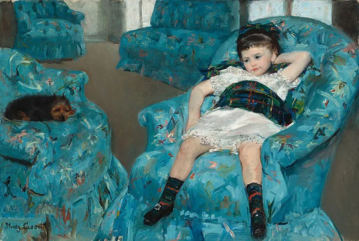 Girl lounging on a blue chair, with a small dog nearby, in one of the famous paintings in art history.