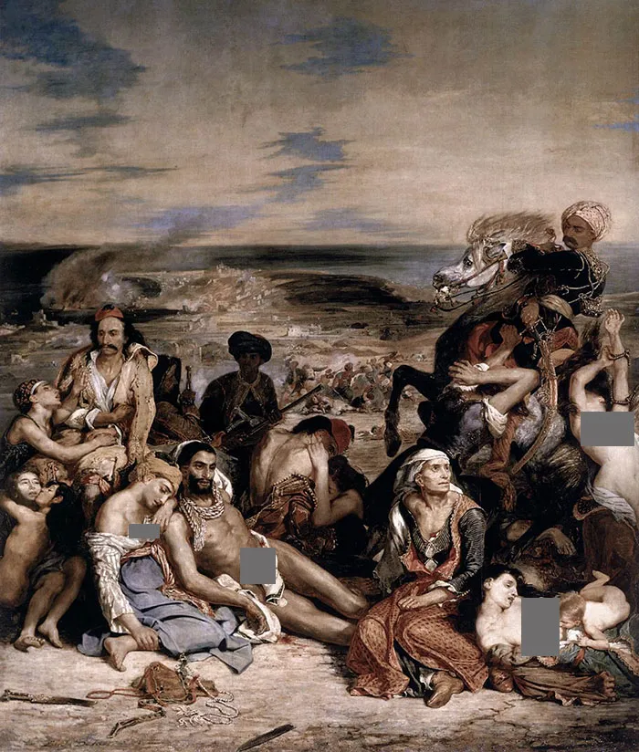 A famous painting depicting a historical scene with figures in dramatic poses, illustrating human suffering and emotion.