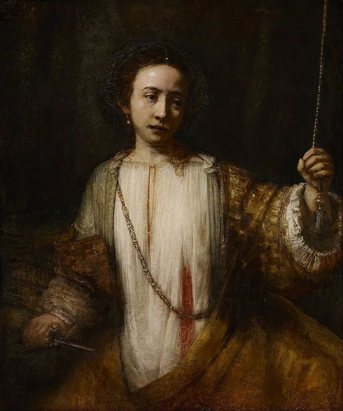 A famous painting of a woman in historical attire holding a rope in a dimly lit setting.