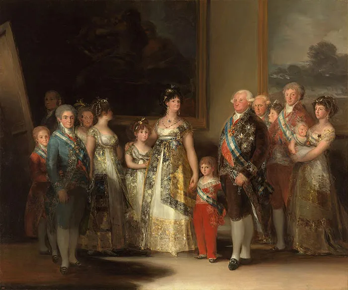 Famous painting depicting a royal family in elegant attire, showcasing historic art aesthetics and regal setting.