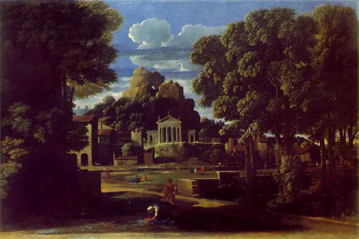 Landscape painting featuring classical architecture and lush trees, representing famous paintings in art history.