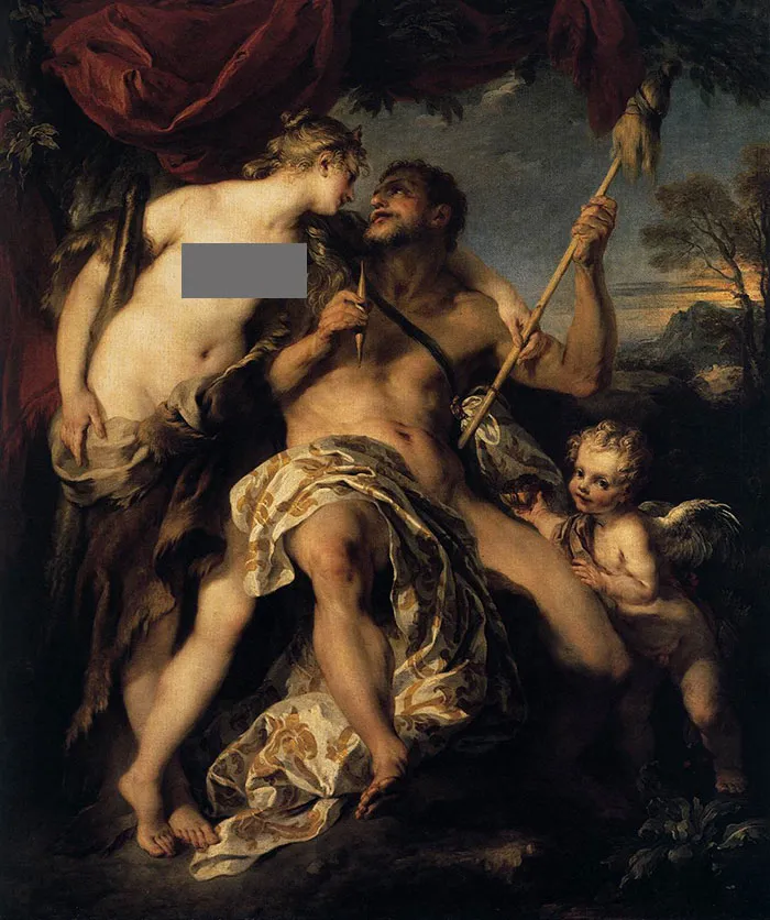 A historical painting depicting mythological figures interacting in a natural setting.