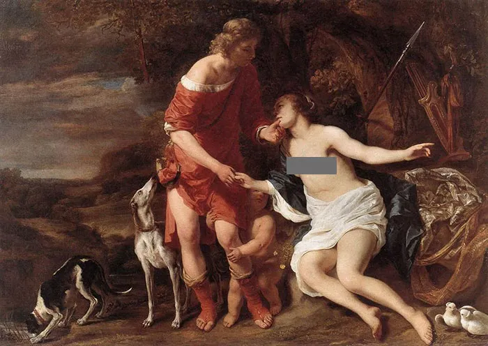 A classical scene with figures and dogs, exemplifying famous paintings in art history.