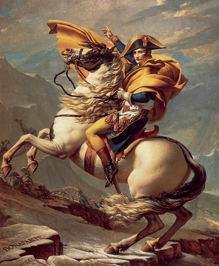 A famous painting showing a man in historical attire riding a rearing horse against a dramatic landscape.