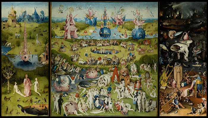 A famous painting featuring surreal, vivid scenes of heaven and hell, depicting the complexity of human morality.