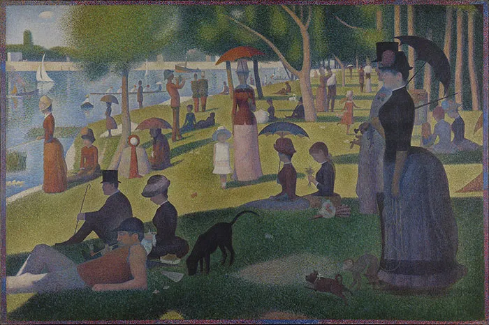 Famous painting depicting people relaxing in a park by a river, showcasing pointillism art style.
