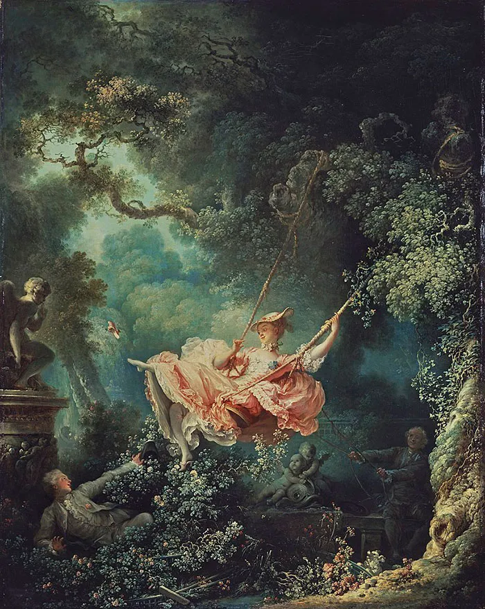 A woman in a pink dress swings in a lush, forested scene, capturing elegance in famous paintings.
