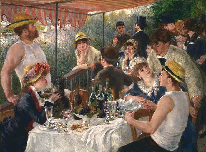People dining outdoors in a famous painting, capturing a lively social gathering with friends and family.