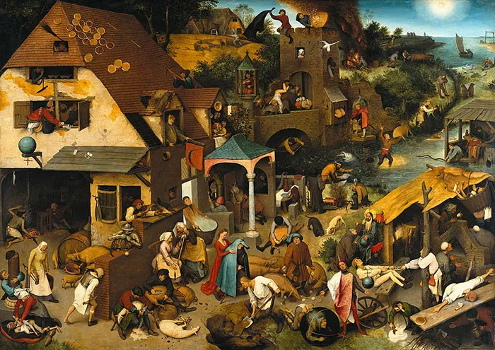 Famous painting by Pieter Bruegel depicting vibrant village life and various activities against a countryside backdrop.